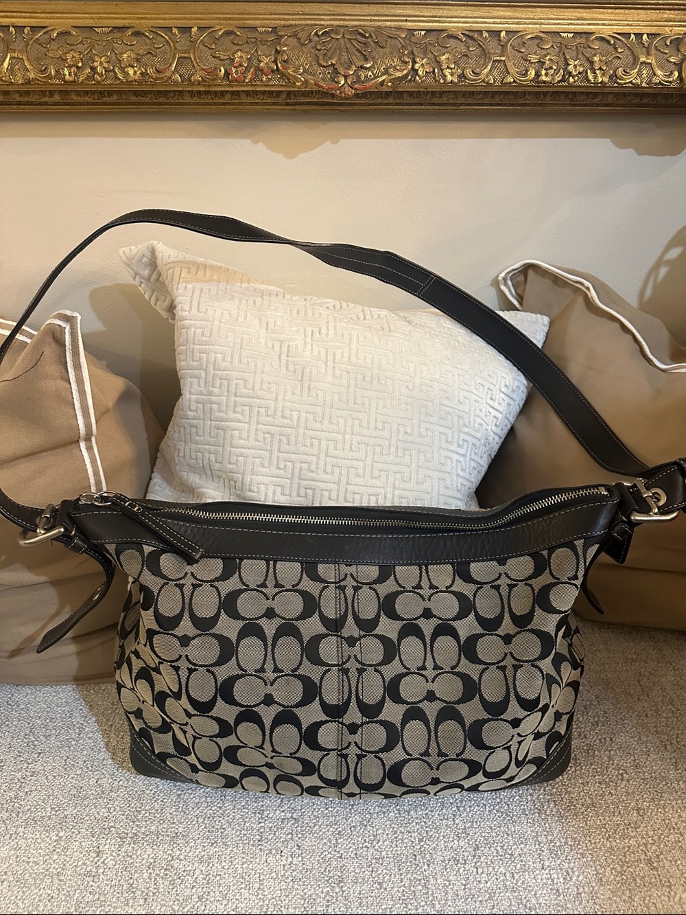 Coach Black and Beige Signature Shoulder Bag